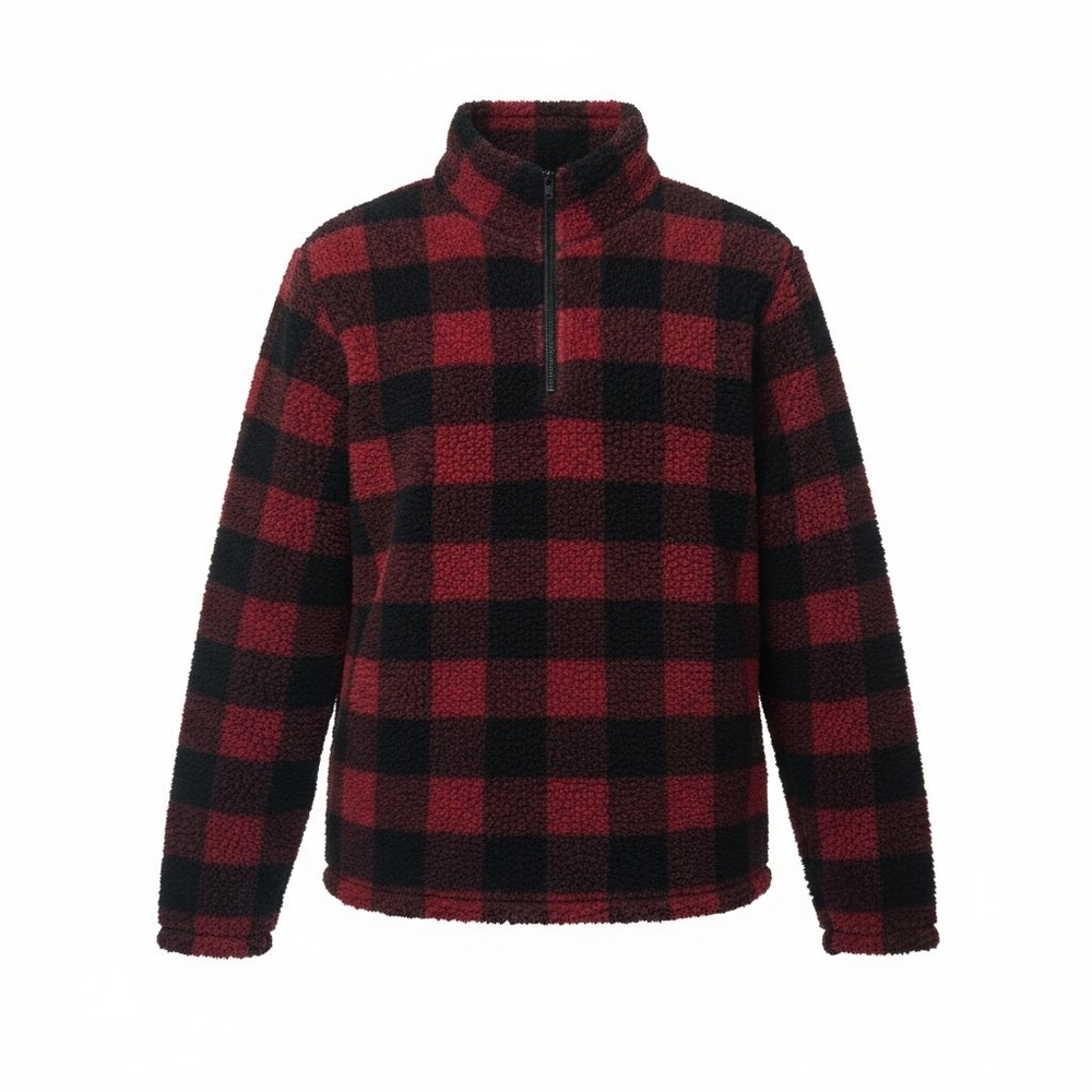 Wrangler Men’s Sherpa Fleece 1/4 Zip Pull Over Med Buffalo Plaid Red Outdoor